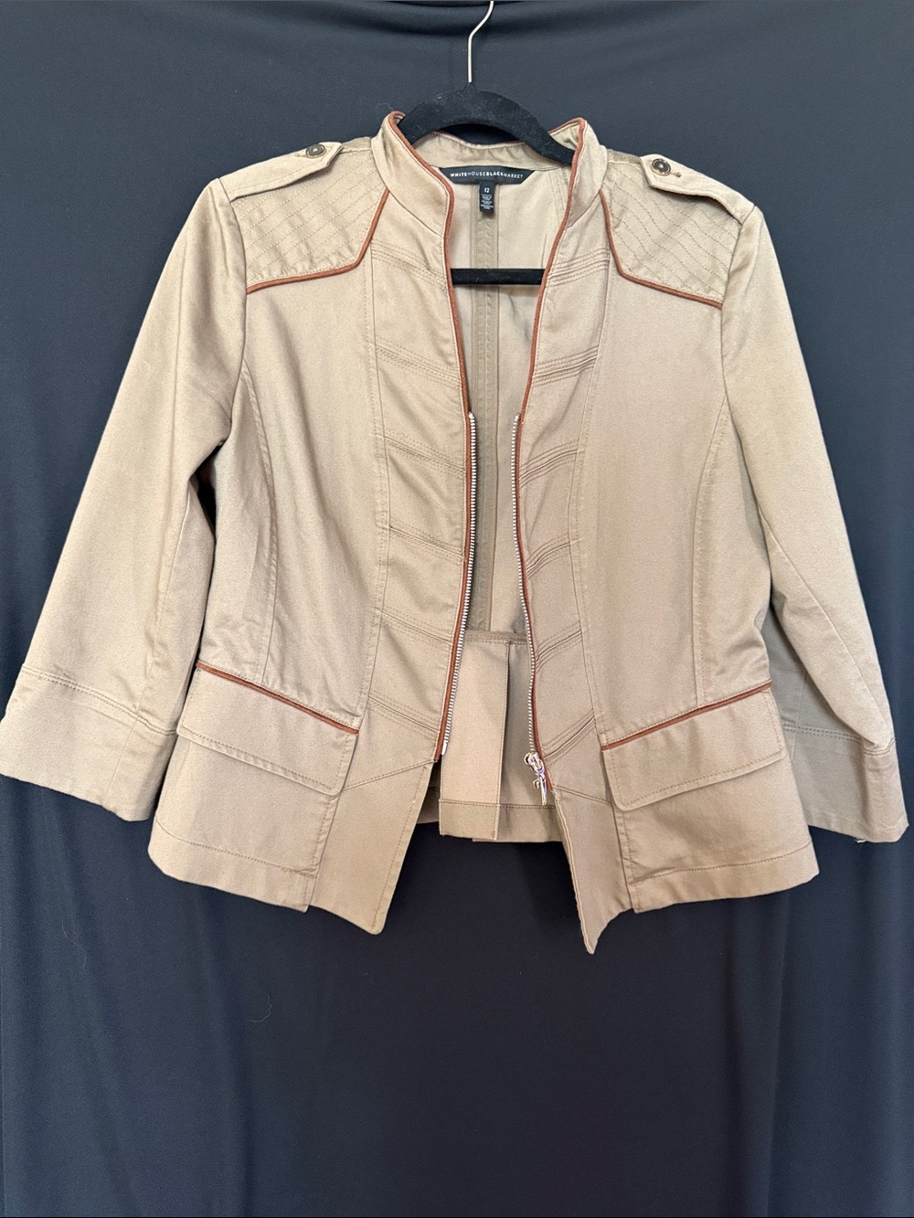 White House Black Market Taupe Utility Jacket with Brown Piping
